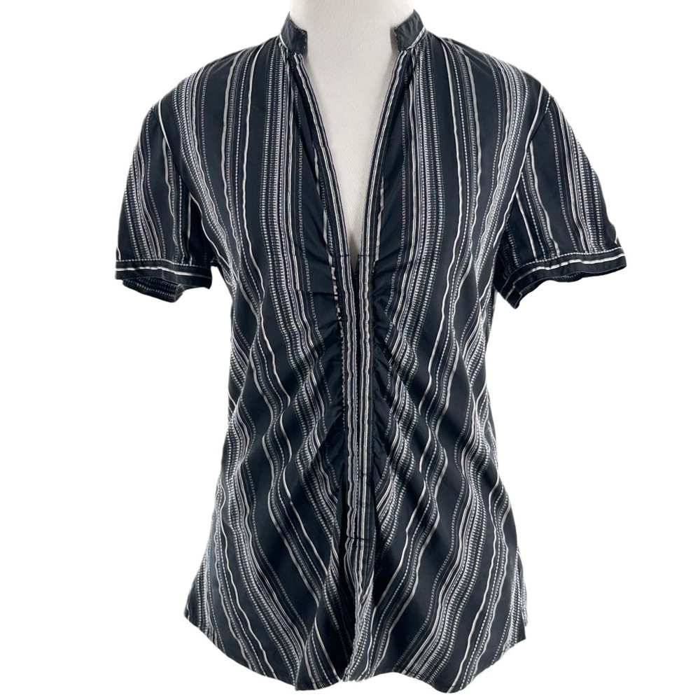 New York & Company stretch striped blouse size 10 black white ruched v-neck 90s